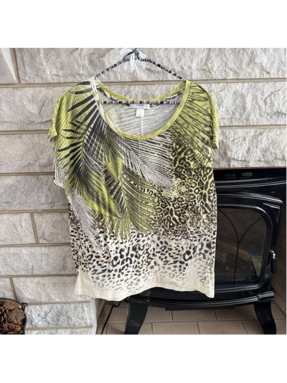 CJ Banks Green and Brown Leopard Palm Short Sleeve Top Size X